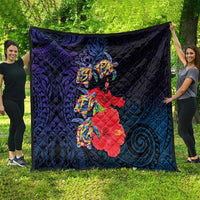 Pasifika Festival Quilt Plumeria Turtles with Hibiscus - Polynesian Art Tattoo Dark Navy Color