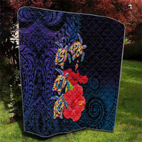 Pasifika Festival Quilt Plumeria Turtles with Hibiscus - Polynesian Art Tattoo Dark Navy Color