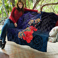 Pasifika Festival Quilt Plumeria Turtles with Hibiscus - Polynesian Art Tattoo Dark Navy Color