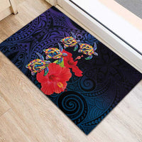 Pasifika Festival Rubber Doormat Plumeria Turtles with Hibiscus - Polynesian Art Tattoo Dark Navy Color