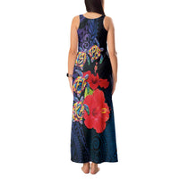 Pasifika Festival Tank Maxi Dress Plumeria Turtles with Hibiscus - Polynesian Art Tattoo Dark Navy Color