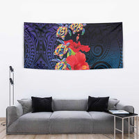 Pasifika Festival Tapestry Plumeria Turtles with Hibiscus - Polynesian Art Tattoo Dark Navy Color