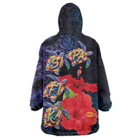 Pasifika Festival Wearable Blanket Hoodie Plumeria Turtles with Hibiscus - Polynesian Art Tattoo Dark Navy Color