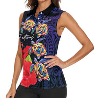 Pasifika Festival Women Sleeveless Polo Shirt Plumeria Turtles with Hibiscus - Polynesian Art Tattoo Dark Navy Color