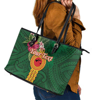 Manuʻa Islands Leather Tote Bag Polynesian Style with Rooster Tattoo and Tropical Plants