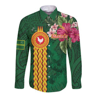 Personalised Manuʻa Islands Long Sleeve Button Shirt Polynesian Style with Rooster Tattoo and Tropical Plants LT03 Unisex Green - Polynesian Pride