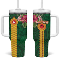 Personalised Manuʻa Tumbler With Handle Polynesian Style with Rooster Tattoo and Tropical Plants LT03 One Size: 40 oz Green - Polynesian Pride