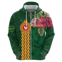 Manuʻa Islands Zip Hoodie Polynesian Style with Rooster Tattoo and Tropical Plants