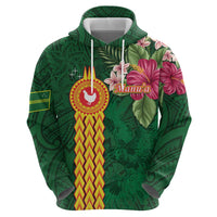 Manuʻa Islands Zip Hoodie Polynesian Style with Rooster Tattoo and Tropical Plants