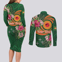 Manuʻa Islands Couples Matching Long Sleeve Bodycon Dress and Long Sleeve Button Shirt Polynesian Art Tattoo Style and Tropical Plants