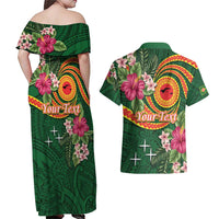 Manuʻa Islands Couples Matching Off Shoulder Maxi Dress and Hawaiian Shirt Polynesian Art Tattoo Style and Tropical Plants