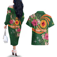 Manuʻa Islands Couples Matching Off The Shoulder Long Sleeve Dress and Hawaiian Shirt Polynesian Art Tattoo Style and Tropical Plants