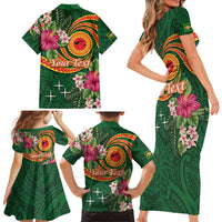 Manuʻa Islands Family Matching Short Sleeve Bodycon Dress and Hawaiian Shirt Polynesian Art Tattoo Style and Tropical Plants