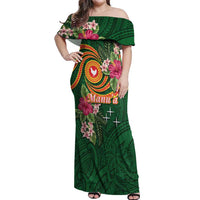 Manuʻa Islands Off Shoulder Maxi Dress Polynesian Art Tattoo Style and Tropical Plants