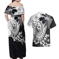 Hafa Adai Guam Couples Matching Off Shoulder Maxi Dress and Hawaiian Shirt Polynesian Palm Tree Tattoo Hibiscus and Plumeria Art