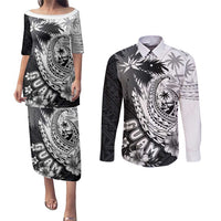 Hafa Adai Guam Couples Matching Puletasi and Long Sleeve Button Shirt Polynesian Palm Tree Tattoo Hibiscus and Plumeria Art
