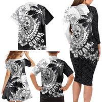 Hafa Adai Guam Family Matching Long Sleeve Bodycon Dress and Hawaiian Shirt Polynesian Palm Tree Tattoo Hibiscus and Plumeria Art