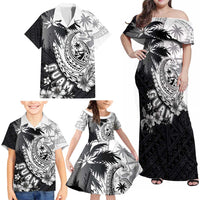 Hafa Adai Guam Family Matching Off Shoulder Maxi Dress and Hawaiian Shirt Polynesian Palm Tree Tattoo Hibiscus and Plumeria Art