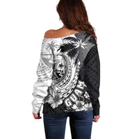 Hafa Adai Guam Off Shoulder Sweater Polynesian Palm Tree Tattoo Hibiscus and Plumeria Art