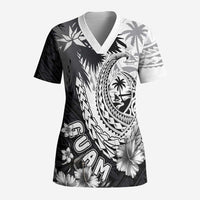 Hafa Adai Guam Scrub Top Polynesian Palm Tree Tattoo Hibiscus and Plumeria Art LT03 Adult Black - Polynesian Pride
