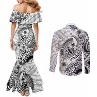 Guam-Land of the Chamorro Couples Matching Mermaid Dress and Long Sleeve Button Shirt Polynesian Tattoo Style Hibiscus and Plumeria Art