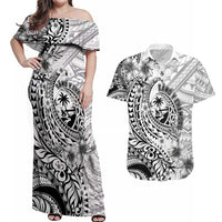 Guam-Land of the Chamorro Couples Matching Off Shoulder Maxi Dress and Hawaiian Shirt Polynesian Tattoo Style Hibiscus and Plumeria Art