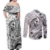 Guam-Land of the Chamorro Couples Matching Off Shoulder Maxi Dress and Long Sleeve Button Shirt Polynesian Tattoo Style Hibiscus and Plumeria Art