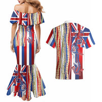 Hawaiian Sea Animals Couples Matching Mermaid Dress and Hawaiian Shirt with Lei and Flag Style