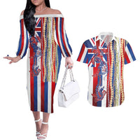 Hawaiian Sea Animals Couples Matching Off The Shoulder Long Sleeve Dress and Hawaiian Shirt with Lei and Flag Style