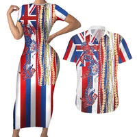 Hawaiian Sea Animals Couples Matching Short Sleeve Bodycon Dress and Hawaiian Shirt with Lei and Flag Style