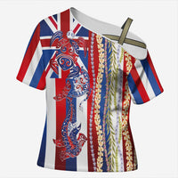 Hawaiian Sea Animals Cross Shoulder Shirt with Lei and Flag Style LT03 Female Multicolor - Polynesian Pride