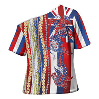 Hawaiian Sea Animals Cross Shoulder Shirt with Lei and Flag Style LT03 - Polynesian Pride