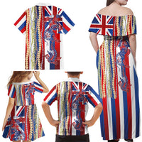 Hawaiian Sea Animals Family Matching Off Shoulder Maxi Dress and Hawaiian Shirt with Lei and Flag Style