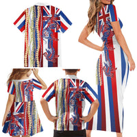 Hawaiian Sea Animals Family Matching Short Sleeve Bodycon Dress and Hawaiian Shirt with Lei and Flag Style