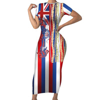 Hawaiian Sea Animals Family Matching Short Sleeve Bodycon Dress and Hawaiian Shirt with Lei and Flag Style