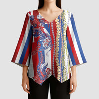 Hawaiian Sea Animals Kimono Sleeve Blouse with Lei and Flag Style LT03 - Polynesian Pride