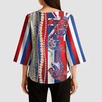Hawaiian Sea Animals Kimono Sleeve Blouse with Lei and Flag Style LT03 - Polynesian Pride