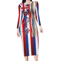 Hawaiian Sea Animals Long Sleeve Bodycon Dress with Lei and Flag Style LT03 Long Dress Multicolor - Polynesian Pride
