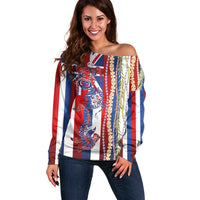 Hawaiian Sea Animals Off Shoulder Sweater with Lei and Flag Style LT03 Women Multicolor - Polynesian Pride