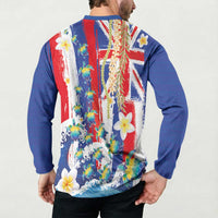Hawaiian Sea Turtles and Plumeria Button Sweatshirt with Lei and Flag Grunge Style LT03 - Polynesian Pride