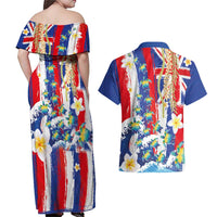 Hawaiian Sea Turtles and Plumeria Couples Matching Off Shoulder Maxi Dress and Hawaiian Shirt with Lei and Flag Grunge Style