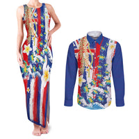 Hawaiian Sea Turtles and Plumeria Couples Matching Tank Maxi Dress and Long Sleeve Button Shirt with Lei and Flag Grunge Style