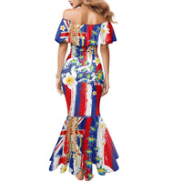 Hawaiian Sea Turtles and Plumeria Family Matching Mermaid Dress and Hawaiian Shirt with Lei and Flag Grunge Style