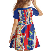 Hawaiian Sea Turtles and Plumeria Family Matching Off The Shoulder Long Sleeve Dress and Hawaiian Shirt with Lei and Flag Grunge Style