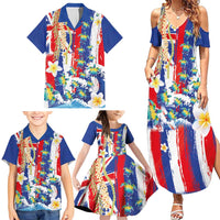 Hawaiian Sea Turtles and Plumeria Family Matching Summer Maxi Dress and Hawaiian Shirt with Lei and Flag Grunge Style
