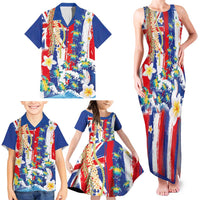 Hawaiian Sea Turtles and Plumeria Family Matching Tank Maxi Dress and Hawaiian Shirt with Lei and Flag Grunge Style
