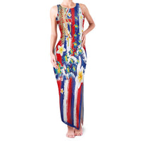 Hawaiian Sea Turtles and Plumeria Family Matching Tank Maxi Dress and Hawaiian Shirt with Lei and Flag Grunge Style