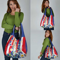 Hawaiian Sea Turtles and Plumeria Grocery Bag with Lei and Flag Grunge Style