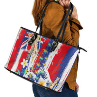 Hawaiian Sea Turtles and Plumeria Leather Tote Bag with Lei and Flag Grunge Style LT03 - Polynesian Pride