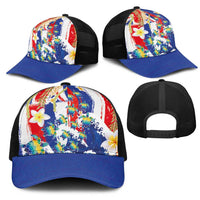 Hawaiian Sea Turtles and Plumeria Mesh Trucker Cap with Lei and Flag Grunge Style LT03 - Polynesian Pride